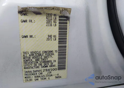 2015 Nissan Altima 2.5 S from USA, damaged, VIN 1N4AL3APXFC294500